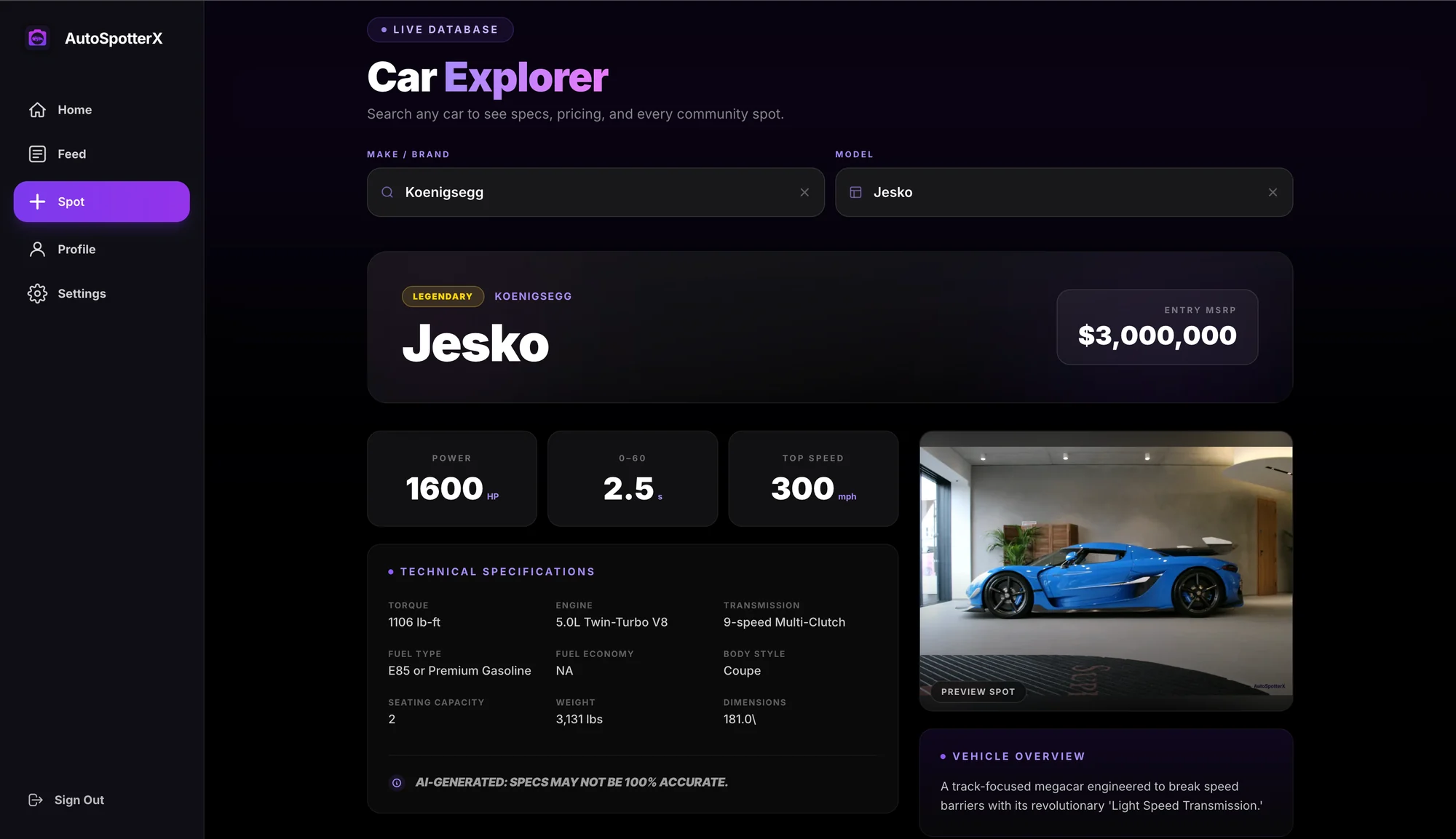 AutoSpotterX Car Explorer showing Koenigsegg Jesko details on desktop